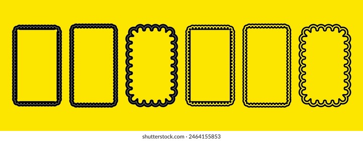 Rectangle scallop frame. Cute frill wave edge vector. Round squiggle doodle border. Groovy and vintage vertical framework design. Rectangular story box cutout. Curve wiggle label outline picture