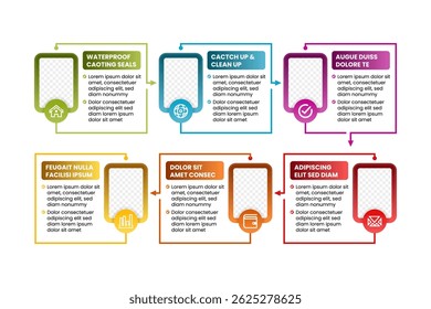 rectangle scheme or cyclic chart with 6 circular frames connected by arrow. Infographic design with photo frame. vertical layout design with line, text, and icon elements.