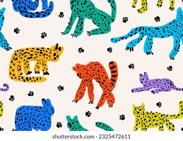 Rectangle es un leopardo de los niños sin fisuras. Grupo de los lindos y divertidos leopardos. Abstracto, peculiar estilo de caricatura. Ilustración dibujada a mano de tendencia. Antecedentes, fondo de pantalla. Elemento de diseño repetitivo para impresión.