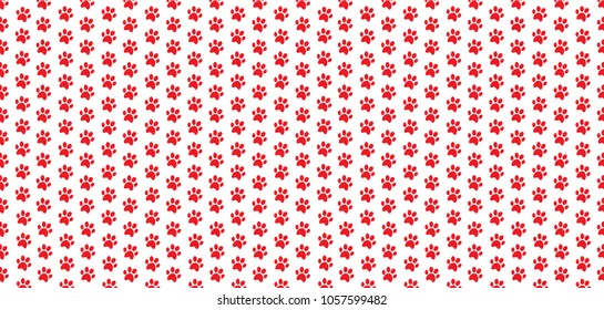 Rectangle seamless pattern of red animal paw prints on white background. Vector illustration, template, poster, banner, cats or dogs paw walking track print for fabric, wrapping paper, wallpaper.