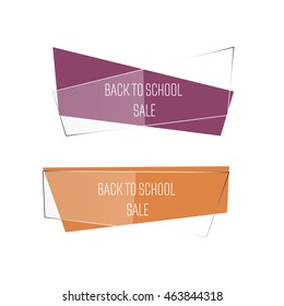 Rectangle set of sale banners. Welcome back to school. Purple and orange glass banners