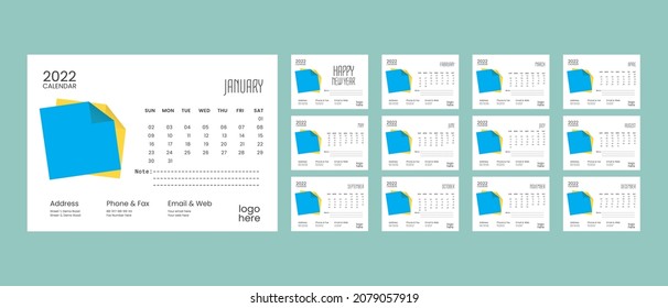 Rectangle shape desk Calendar template for the year 2022 A set of pages for 12 months and cover page of 2022 Vector illustration