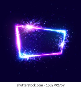 Rectangle shape festive neon sign with light flash star particle sparkler on dark blue background. Glowing celebrating frame. Blank space for text. Design element template. Bright vector illustration.