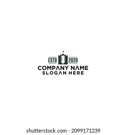 Rectangle shape with fortress and microphone logo design premium