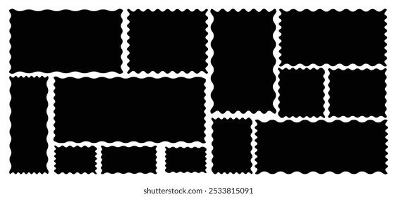 Diferentes tamaños, marcos de forma con borde en zigzag, forma de borde de vieira. Conjunto de Elementos de elipses dentadas. Marco de forma rectangular con borde en zigzag. Elemento de caja curva dentada rectangular. Ilustración vectorial.