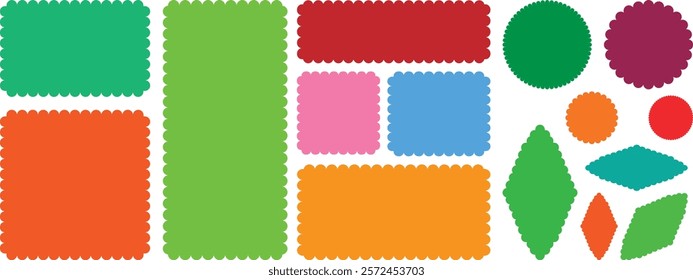 Rectangle shape frame with zigzag edge. Geometric shapes with scallop and zigzag edges set. Color rectangle frames with wiggly borders. Silhouette stickers circle, square, oval and rectangle labels.