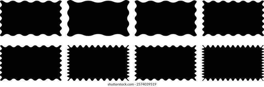 Rectangle shape frame with zigzag edge. Set of Zigzag and colorful Shapes. Cloudy wave curve edge frame vector set black wavy edge frames. Vector Rectangle, Square and Oval Elements with Curve Edge.