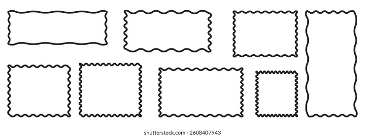 Rectangle shape frame with zigzag edge. Rectangular jagged curved box element. Geometric zig zag wavy stickers. Wiggly undalute square badge, vector illustration for poster, banner, social media