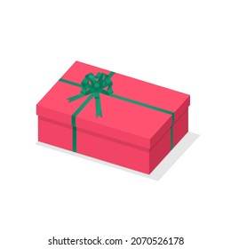 Rectangle shape holiday present box isometric 2d vector decor element. Closed red greeting gift box with green satin ribbon bow isolated on white background. Isometric 2d vector illustration.