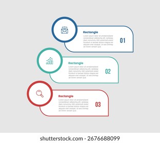 diagrama infográfico de forma retangular com etapa de crescimento com emblema de círculo na parte superior com 3 etapas para o vetor de apresentação de slide