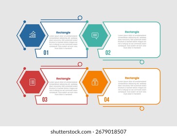 rectangle shape infographic diagram with hexagon edge and big rectangle box container with 4 step for slide presentation vector