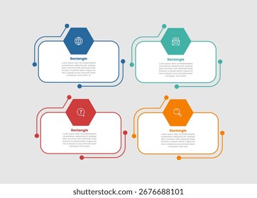 Diagrama de infografía de forma rectangular con borde redondo con insignia superior hexagonal con 4 pasos para el Vector de presentación de diapositivas