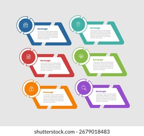 Diagrama de infografía de forma rectangular con contenedor inclinado oblicuo con tapa de insignia circular con 6 pasos para Vector de presentación de diapositivas