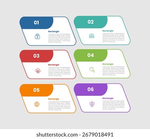 diagrama infográfico de forma retangular com inclinação e inclinação de retângulo arredondado com 6 etapas para vetor de apresentação de slide