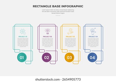 rectangle shape infographic outline style with 4 point template with double line box with circle badge at bottom footer for slide presentation vector