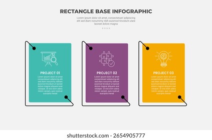 retângulo forma infográfico estilo de contorno com modelo de 3 pontos com caixa e linha criativa seta lado inferior direção para slide apresentação vetor