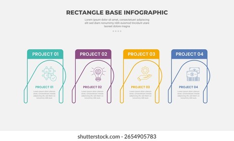 retângulo forma infográfico estilo de contorno com modelo de 4 pontos com caixa criativa com o lado inferior aberto e acessórios inclinar para slide apresentação vetor