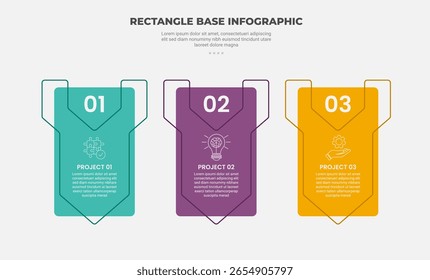 Estilo de contorno de infografía de forma rectangular con Plantilla de 3 puntos con caja redonda de Vertical con dirección inferior de línea de flecha para Vector de presentación de diapositivas