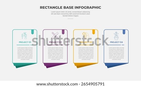 rectangle shape infographic outline style with 4 point template with simple round box with folding paper layer for slide presentation vector