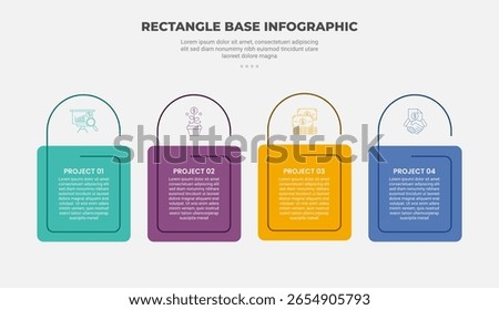 rectangle shape infographic outline style with 4 point template with round box with half circle line on top for slide presentation vector