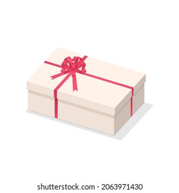 Rectangle shape isometric surprise present box. 3d isometric birthday gift box white wrapping package with red ribbon bow isolated. Festive holiday decor element. 3d isometric colorful bright vector.