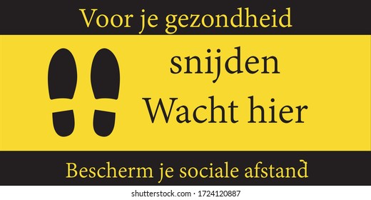 Rectangle-Form "Bitte warten Sie hier" und Dutch "snijden"
Wacht hier" mit Schuhdruckzeichen. Symbol für soziale Distanzierung Schwarz-Gelb-Farbe.