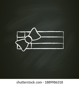 Rectangle shape present chalk icon. Gift box with bow ribbon, top view.Holiday congratulation, surprise concept. Holiday offer.Christmas, new year, birthday. Isolated vector illustration on chalkboard