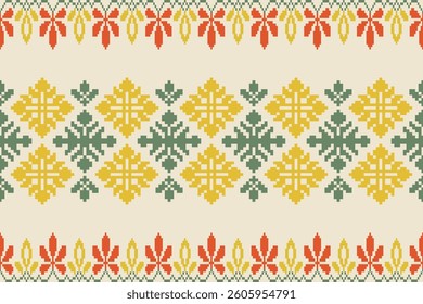Rectangle shape seamless pixel art.Flower Ikat pattern embroidery.Pixel Art Fabric background Pattern with Geometric Square.Abstract background vector illustration.carpet,batik,knitwear