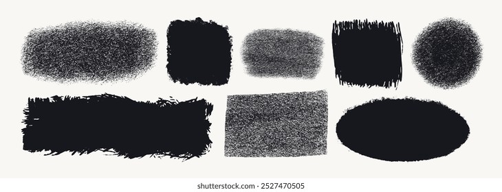 Rectangle shape set with rough texture. Grunge style black square figures with ripped border. Black vector collage vintage paint stain silhouette isolated on light background