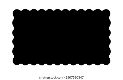 Rectangle shape with wavy edges. Rectangular form with scalloped borders. Empty black text box, tag, stamp or label isolated on white background. Vector graphic illustration.