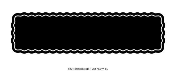 Rectangle shape with wavy edges. Rectangular form with frilly borders. Empty text box, stamp, tag or label isolated on white background. Vector graphic illustration.