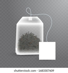 Rectangle shaped tea bag mock up with black tea inside. Vector realistic illustration of teabag with empty white label isolated on transparent background.