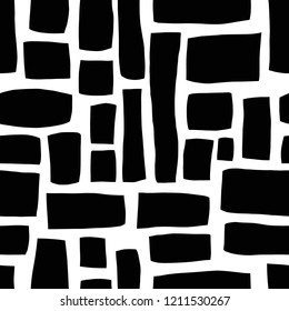 Rectangle shapes monochrome hand drawn abstract seamless vector pattern. White blocks on black background. Hand drawn background for fabric, web banner, page fills, digital paper, wallpaper, packaging