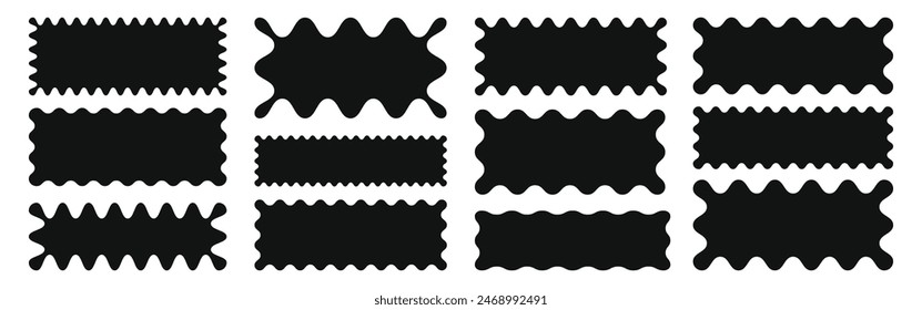 Rectangle shapes with zig zag wavy edges. Squiggle frames for labels, banners, tags, stamps. Scallop vector figures