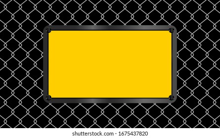 rectangle sign yellow on wire mesh black background, caution emblem on fence barb grid, copy space, empty warning sign template on barrier wire net, barbed wire fence wall and emblem warning sign