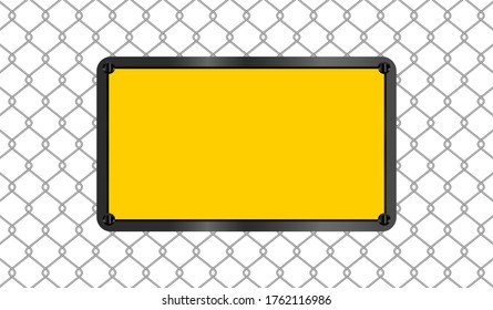 rectangle sign yellow on wire mesh background, caution emblem on fence barb grid, copy space, empty warning sign template on barrier wire net, barbed wire fence wall and emblem warning sign, vector