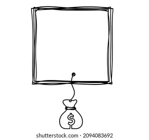 Rectangle, square comment with dollar as line drawing on white background. Vector