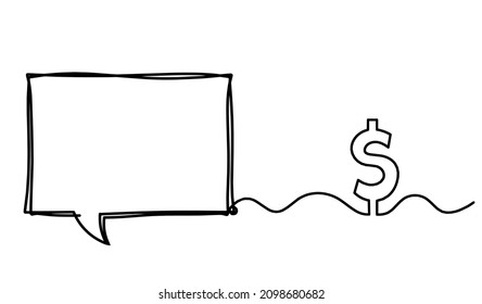Rectangle, square comment with dollar as line drawing on white background. Vector