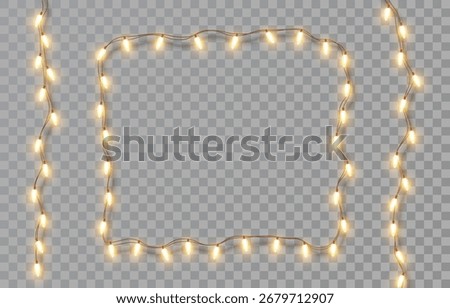 Rectangle, square garland of shine Christmas lights. Festive dangling string of yellow light bulbs on transparent background. Vector New Year party led lamps decoration, holiday design, event