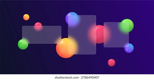 Rectangle and square glasses on backdrop of multihued spheres. Vector blurred geometric shapes composition. Soft and bright orbs in various shades and forms. Abstract, minimalistic and art design