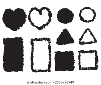 Rectangle, square, heart, circle, triangle drawn with a brush, vector. Geometric shapes and contour