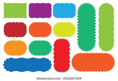 Rectangle, square and oval shape frame with zigzag edge. Set of Zigzag and colorful Shapes. Vector Rectangle, Circle, Square and Oval Elements with Curve Edge. Zig Zag Shapes for Stickers, banners