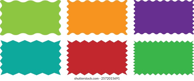 Rectangle, square and oval shape frame with zigzag edge. Set of Zigzag and colorful Shape. Zig Zag Shapes for Stickers, banners. Colorful zigzag shape. Color squiggle frames set. Colorful zigzag frame