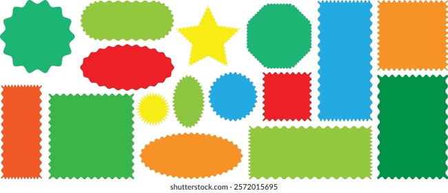 Rectangle, square and oval shape frame with zigzag edge. Color squiggle frames set. Set of Zigzag and colorful Shape. Zig Zag Shapes for Stickers, banners. Colorful zigzag shapes