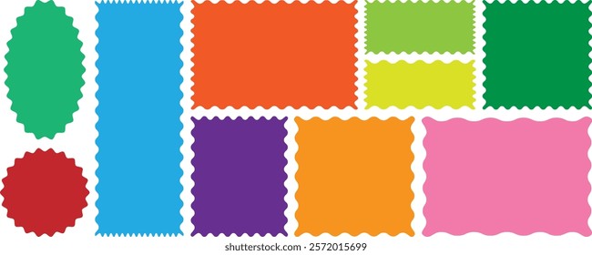 Rectangle, square and oval shape frame with zigzag edge. Set of Zigzag and colorful Shapes. Zig Zag Shapes for Stickers, banners. Colorful zigzag shapes. Set of wavy edge frame. Color squiggle frames