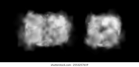 Forma retangular e quadrada de nevoeiro ou nuvem de fumo, névoa isolada em forma de quadrilátero. Vetor de vapor de vapor de formação geométrica realista, paus de névoa fofa. Condensação ou evaporação de gases