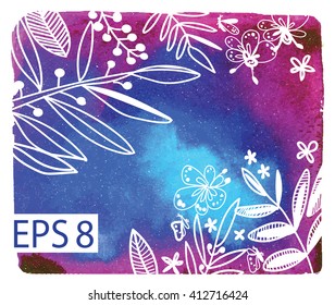 Rectangle stain watercolor white pattern of flowers and leaves. The texture of the paint , vector drawing by hand.