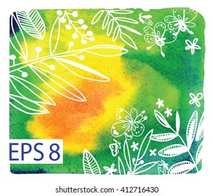Rectangle stain watercolor white pattern of flowers and leaves. The texture of the paint , vector drawing by hand.