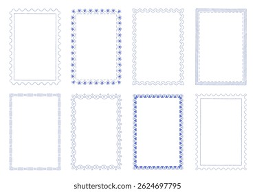 Quadros de carimbo retangular com borda em estilo costeiro italiano. Quadros de carimbo postal azul vazios com bordas onduladas, onduladas e de linha. Bordas de creiom de retângulo, ilustração de vetor