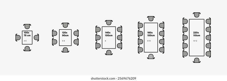 Rectangle tables with sizes and seats. Chairs and tables in scheme plan.Top view scheme. Vector illustration